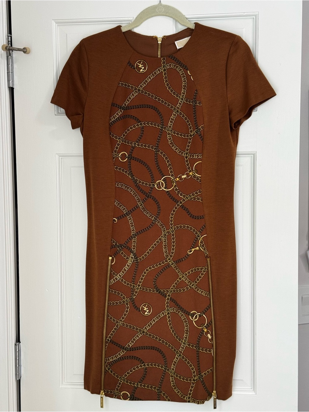 NWT MICHAEL Michael Kors Caramel Chain Print Sheath Dress Size 8